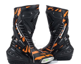 Botas de moto de cuero auténtico para competición: calzado protector para motociclismo en pista y carretera.