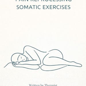 Op de afbeelding: Boekomslag met de titel "PAIN REPROCESSING SOMATIC EXERCISES" in teal. Onder de titel staat een lijntekening van een persoon die ligt. De naam van de auteur, Irene Landouris, wordt ook weergegeven.