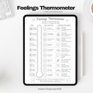 May include: A digital Feelings Thermometer chart displayed on a tablet screen. The black and white graphic features a vertical thermometer scale from 1 to 10, corresponding emotional states, and suggested coping strategies for each level of intensity.