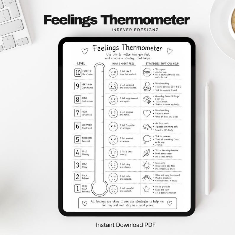 May include: A digital Feelings Thermometer chart displayed on a tablet screen. The black and white graphic features a vertical thermometer scale from 1 to 10, corresponding emotional states, and suggested coping strategies for each level of intensity.