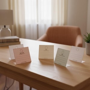 May include: Five L-shaped standing paper cards in pastel colors including white, pink, beige, and light green. Each card features a circular icon at the top, a printed title such as Manager, Self, or Exile, and three horizontal lines for writing.