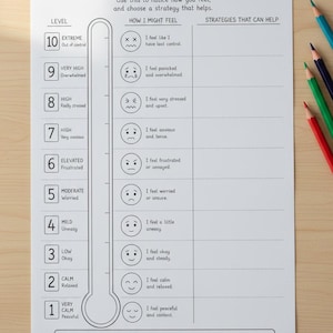 May include: A white Feelings Thermometer worksheet with black text and graphics. It features a vertical thermometer scale from 1 to 10, corresponding to various emotional states with matching facial icons and blank spaces for writing strategies.
