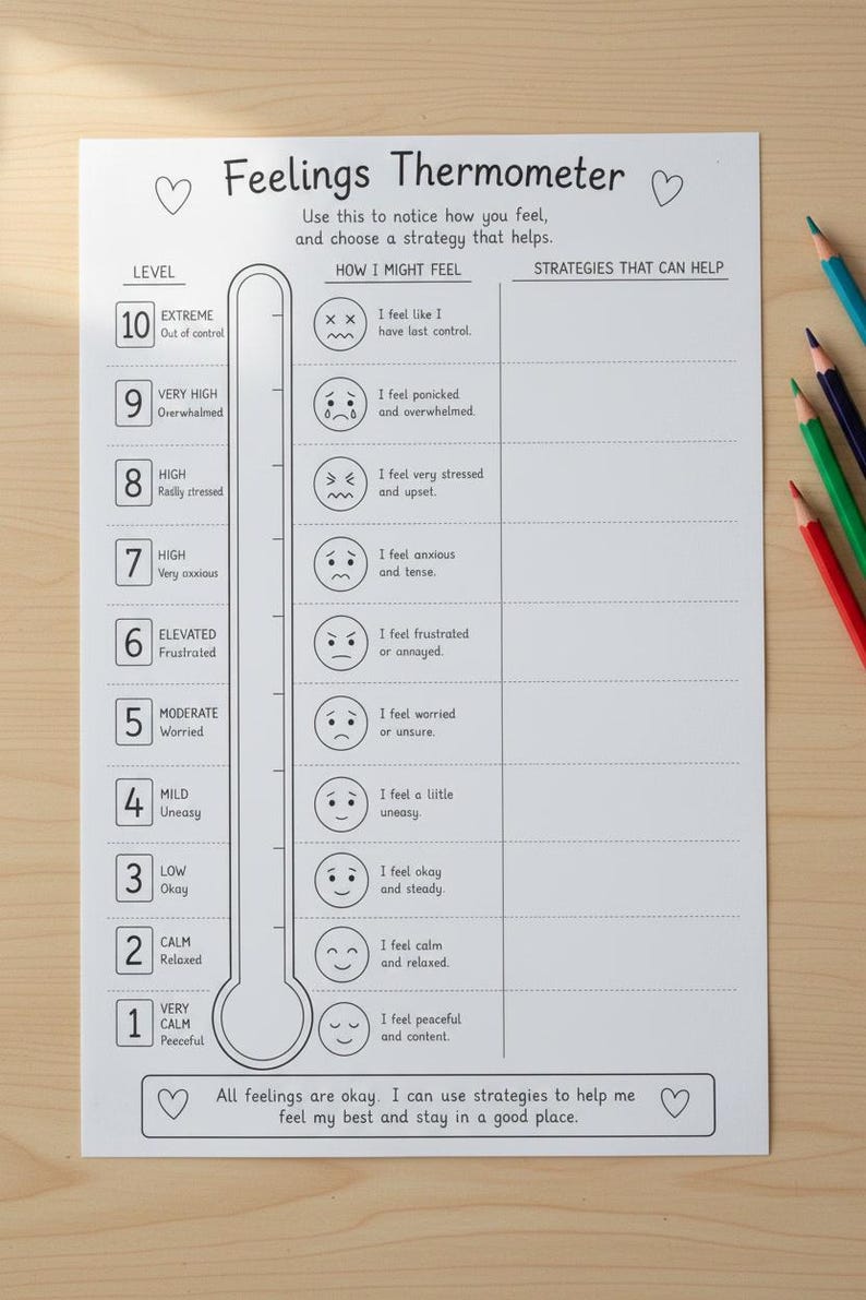 May include: A white Feelings Thermometer worksheet with black text and graphics. It features a vertical thermometer scale from 1 to 10, corresponding to various emotional states with matching facial icons and blank spaces for writing strategies.