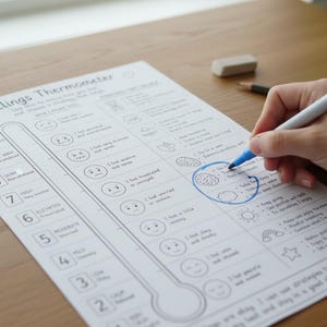 May include: A white Feelings Thermometer worksheet printed with black text and graphics, featuring a vertical scale from 1 to 10. A blue marker is circling a specific section on the paper, which includes various emotional states and coping strategies.