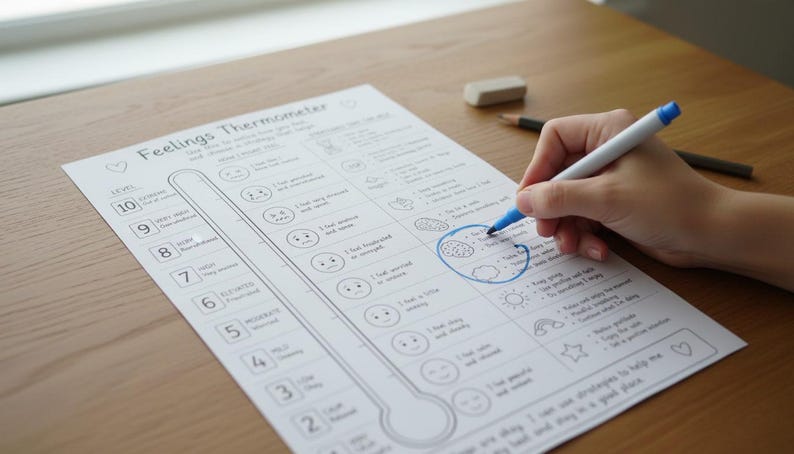 May include: A white Feelings Thermometer worksheet printed with black text and graphics, featuring a vertical scale from 1 to 10. A blue marker is circling a specific section on the paper, which includes various emotional states and coping strategies.