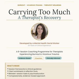 May include: Digital download titled "Carrying Too Much: A Therapist's Recovery." The image features a headshot of a woman, and text highlighting a 6-session coaching program for therapists experiencing burnout and vicarious trauma.