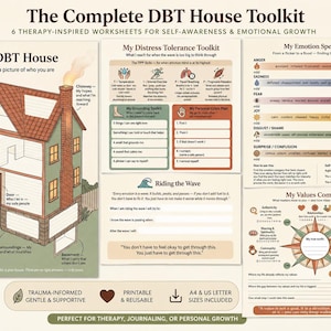 Pode incluir: Um kit de ferramentas imprimível da Casa TCD com seis folhas de trabalho inspiradas na terapia para autoconsciência e crescimento emocional. O design inclui um diagrama da casa, um kit de ferramentas de tolerância ao sofrimento, um gráfico do espectro emocional e uma bússola de valores.