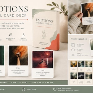 May include: A digital card deck titled "Emotions" with 33 emotion cards and 6 prompt cards. The box is white with a coral and gray design. The cards feature images and text designed to help with emotional awareness, self-reflection, and mindfulness.