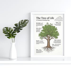 以下が含まれることがあります： 「The Tree of Life: A Trauma & Healing Map」と題された額入りのプリント。根、幹、枝、葉、果実のある木の詳細なイラストが描かれています。プリントは白いフレームに入っており、前景には白い花瓶と緑の葉があります。