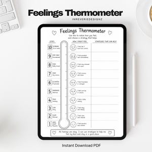 May include: A digital Feelings Thermometer chart displayed on a tablet screen. The chart features a vertical scale from 1 to 10, corresponding to various emotional states illustrated with facial expressions and text prompts for coping strategies.