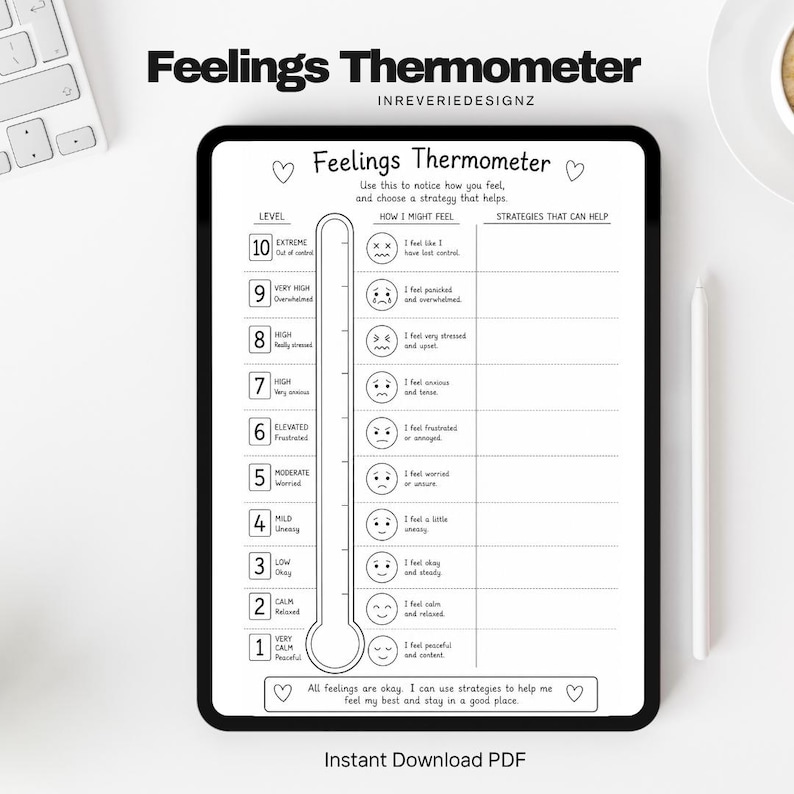 May include: A digital Feelings Thermometer chart displayed on a tablet screen. The chart features a vertical scale from 1 to 10, corresponding to various emotional states illustrated with facial expressions and text prompts for coping strategies.