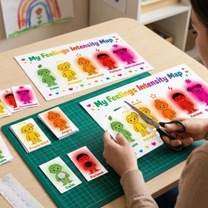 May include: A My Feelings Intensity Map educational chart and matching cards featuring cartoon figures in green, yellow, orange, red, and pink representing emotions labeled Calm, Annoyed, Frustrated, Furious, and Overwhelmed with adhesive dots.