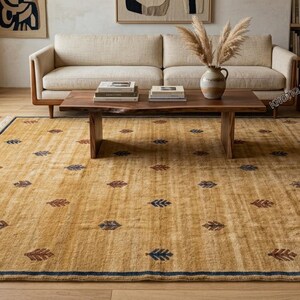 Luxury Hand Knotted Oushak Rug - Golden Ochre and Navy Area Rug , Artisan Leaf Pattern