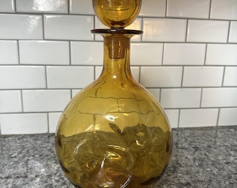 Vintage 1970 MCM Blenko Glass 6915 Pinched Optic Decanter In Wheat 12" W/stopper