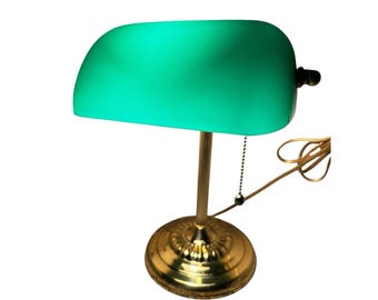 Vintage Brass Bankers Lamp Desk Emerald Green Glass Shade Emeralite 1970s/1980s