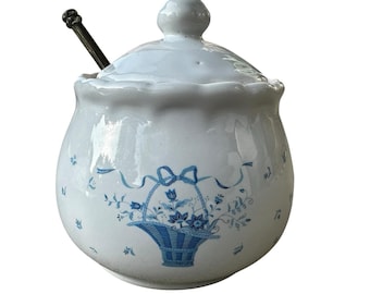 Vintage Blue Floral Flower Bow Sugar Bowl Jar w/ Spoon Cottagecore Country Farm