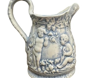 Vintage 70s Cherub Angel Celestial Blue White Ceramic Pitcher Vase Victorian