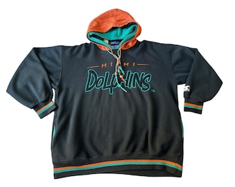 Vintage Miami Dolphins Hoodie Mens L Black Starter NFL Embroidered Fleece Lined