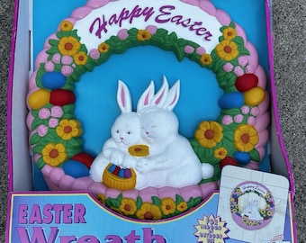 Vintage 1995 EMPIRE Blow Mold Easter Egg Rabbit Bunny & Basket Flowers Wreath