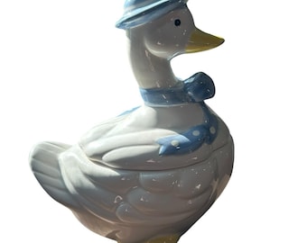 Vintage 70s / 80s Goose Cookie Jar Blue Bow Bonnet Country Whimsical Farmhouse