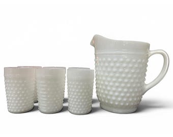 Vintage Anchor Hocking Hobnail melkglas grote kan + 6 kopjes glazen set