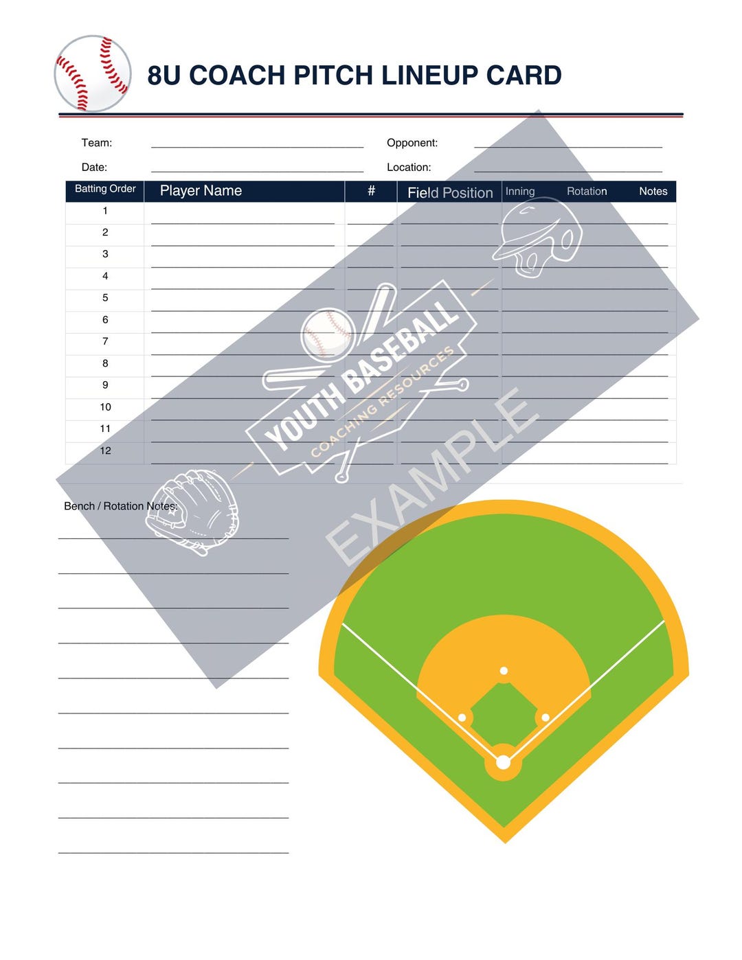 8U Coach Pitch Dugout Lineup Card | Youth Baseball Printable PDF ...