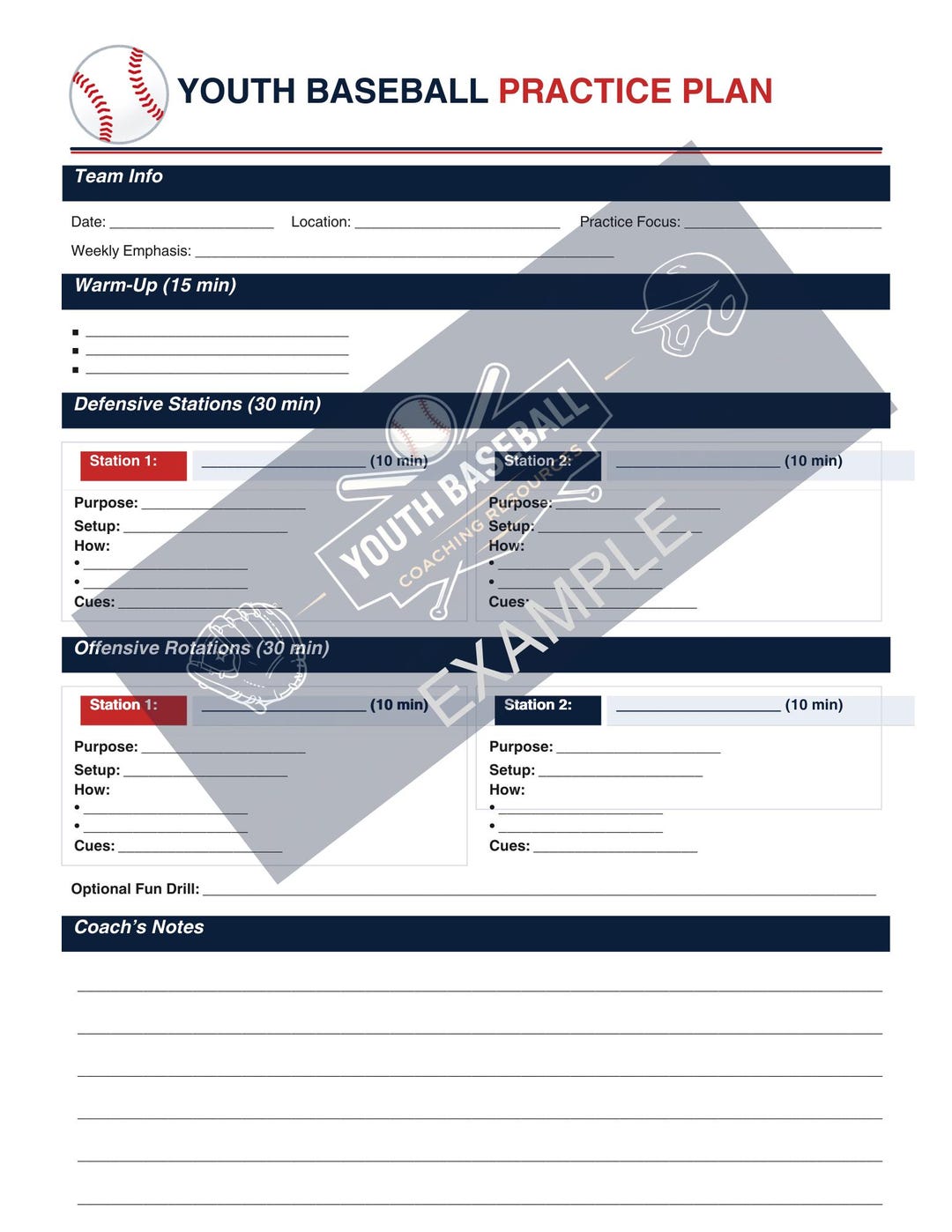 Youth Baseball Practice Plan Template Printable PDF | Editable Coaching ...