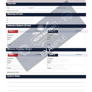 May include: A printable youth baseball practice plan with sections for team info, warm-up, defensive and offensive stations, and coach's notes. The document includes a baseball graphic and the text "YOUTH BASEBALL PRACTICE PLAN".