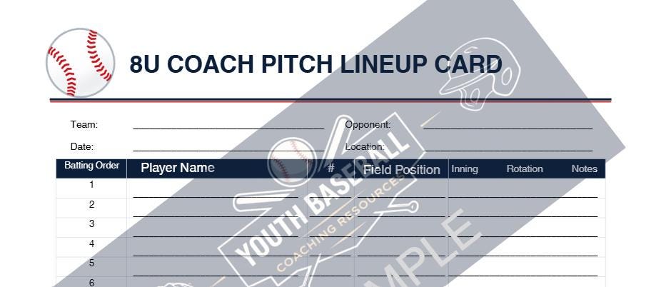 8U Coach Pitch Dugout Lineup Card | Youth Baseball Printable PDF ...