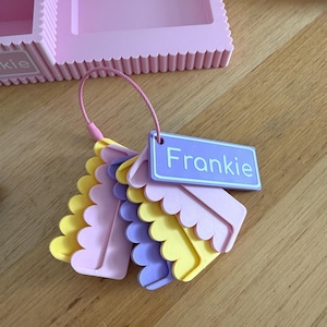 May include: A set of scalloped-edge plastic tags in pastel yellow, purple, and pink, held together by a pink wire loop. The top rectangular tag is purple with a white border and the name Frankie printed in white text on the front surface.