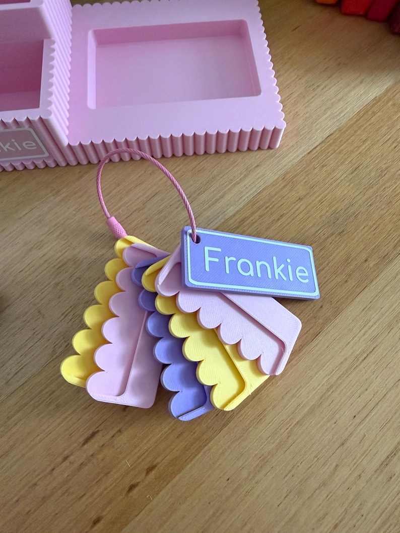 May include: A set of scalloped-edge plastic tags in pastel yellow, purple, and pink, held together by a pink wire loop. The top rectangular tag is purple with a white border and the name Frankie printed in white text on the front surface.