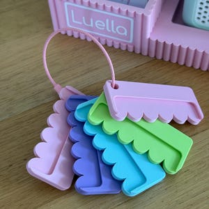 May include: A set of five plastic hair combs in pastel pink, purple, blue, and green, attached to a pink circular wire ring. The combs feature a scalloped edge design and are displayed in front of a pink plastic organizer labeled Luella.