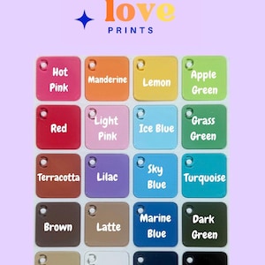 May include: A color chart featuring twenty square swatches with holes, labeled with names including Hot Pink, Manderine, Lemon, Apple Green, Red, Light Pink, Ice Blue, Grass Green, Terracotta, Lilac, Sky Blue, Turquoise, Brown, Latte, Marine Blue, Dark Green, Dessert Tan, Ivory, Navy, and Black. The top text reads little love PRINTS with two four-pointed star icons.