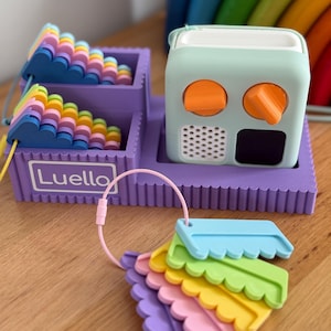 May include: A purple plastic toy organizer with the name Luella printed on the front. It holds two sets of rainbow-colored scalloped blocks and a mint green square music player with two orange knobs, a speaker grid, and a black screen. A ring of pastel tags.