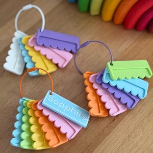 May include: Three sets of colorful, scalloped-edge plastic tags organized on circular rings. The tags come in various shades including blue, green, yellow, orange, pink, and purple. One light blue tag features the word Sapphire printed in white.