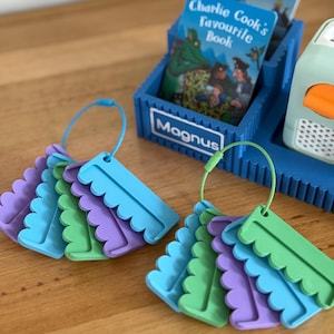 May include: Two sets of colorful plastic tags in blue, green, and purple, each attached to a circular wire ring. A blue plastic storage stand with the name Magnus printed on the front holds a book titled Charlie Cook's Favourite Book.