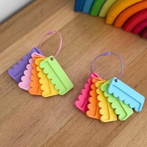 May include: Two sets of colorful plastic tags shaped like combs with scalloped edges, each held together by a thin metal ring. The tags feature a vibrant spectrum of colors including purple, pink, orange, yellow, green, and blue.