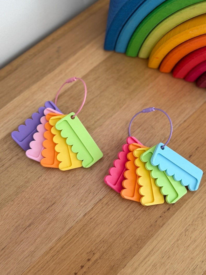 May include: Two sets of colorful plastic tags shaped like combs with scalloped edges, each held together by a thin metal ring. The tags feature a vibrant spectrum of colors including purple, pink, orange, yellow, green, and blue.
