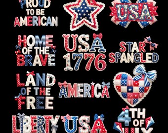 Faux Quilted USA Png Bundle, American Flag PNG, Vintage Patchwork Patriotic Design, 4th of July Sublimation Graphic, Cottagecore USA Flag
