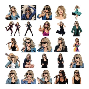 May include: A collection of cartoon illustrations featuring a woman with blonde hair and sunglasses. The images depict her in various poses, including singing with a microphone, playing a guitar, and striking poses.