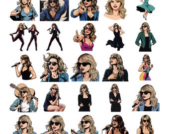 Cartoon Pop Singer Girl Clipart Bundle, Stylish Female Music Icon PNG SVG EPS, Concert Poses Illustration Pack, Retro swifty tshirt graphic