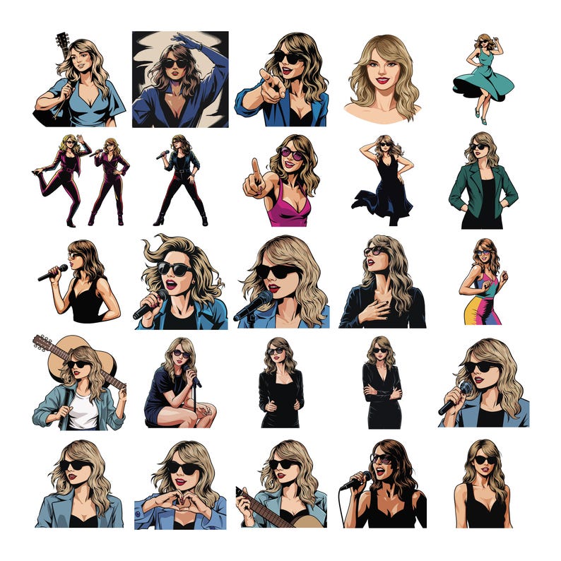 May include: A collection of cartoon illustrations featuring a woman with blonde hair and sunglasses. The images depict her in various poses, including singing with a microphone, playing a guitar, and striking poses.