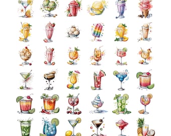 Summer Drinks Watercolor PNG Bundle, Cocktails Milkshakes Ice Cream Popsicles, Tropical Beverages Clipart, Printable PNG Set