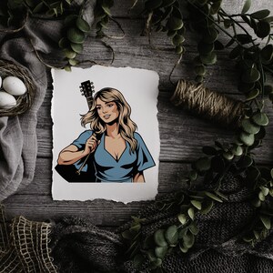 May include: Illustration of a woman with blonde hair holding a guitar. She is wearing a blue top. The image is on a white paper with a rustic wooden background, surrounded by greenery, a nest with eggs, and twine.