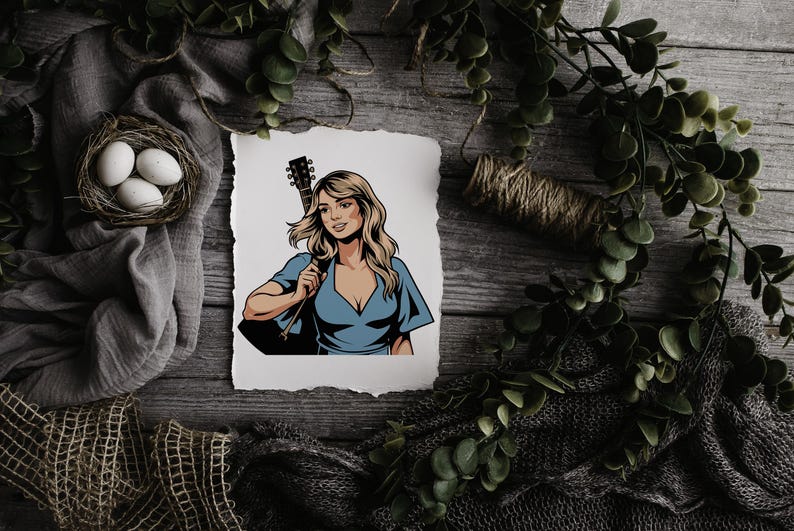 May include: Illustration of a woman with blonde hair holding a guitar. She is wearing a blue top. The image is on a white paper with a rustic wooden background, surrounded by greenery, a nest with eggs, and twine.