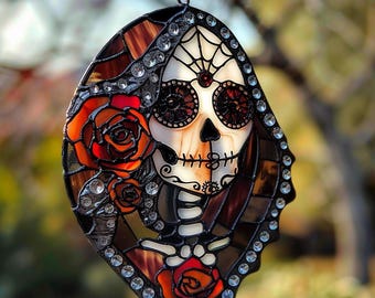 Dia De Los Muertos Sugar Skull Suncatcher, Day of the Dead Window Hanging, Halloween Calavera Decor Gift