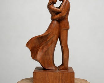 Handmade Wooden Romantic Couple Sculpture, Abstract Lovers Hugging Statue for 5th Wood Anniversary Gift