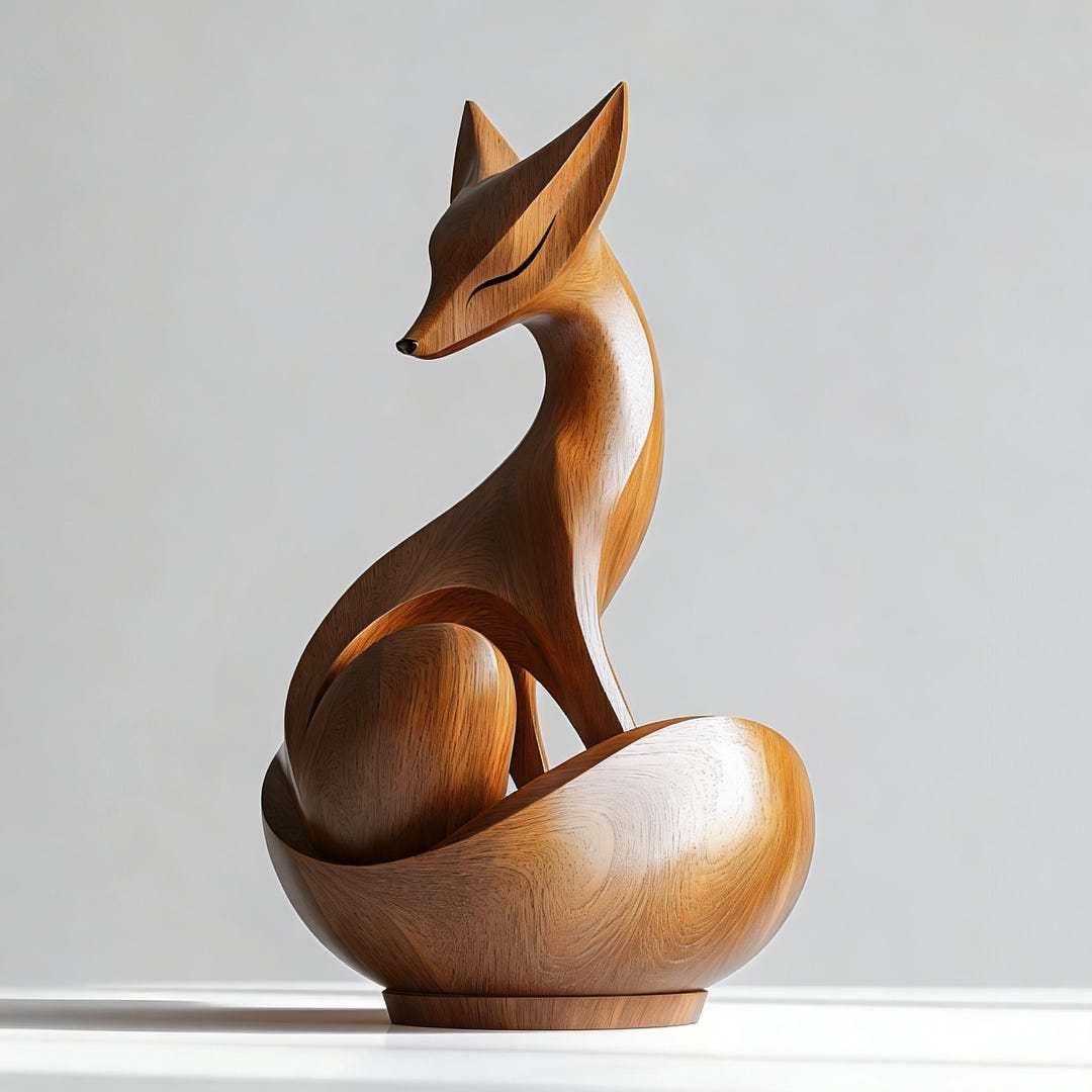 Minimalist Wooden Fox Sculpture, Modern Wood Carving Figurine, Elegant ...