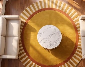 Tappeto in lana trapuntato a mano con motivo a raggiera, giallo senape, stile moderno di metà secolo.