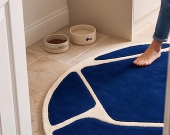 Tappeto rotondo in lana trapuntato a mano, tappeto geometrico blu cobalto